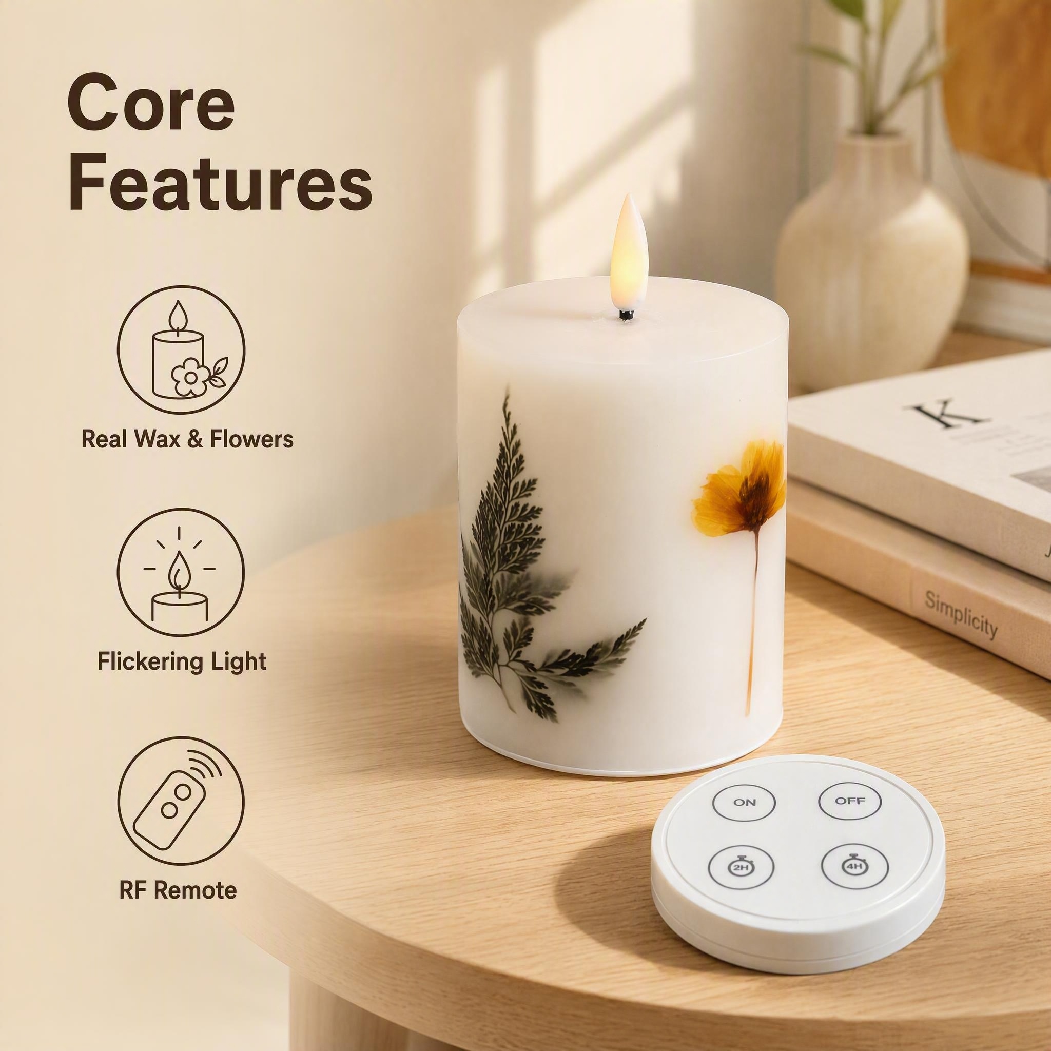 Wireless Remote Control Premium Electronic LED Candles with Real Flowers Inside – Real Wax Flameless Candles with RF Remote, Touch-Silent Switch